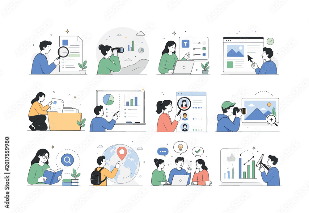 Fototapeta premium Search Data Discovery. Search tools, document finding, web research, data review, SEO analysis, filters, investigation, discovery and digital exploration. 12 minimalist editorial vector scenes: