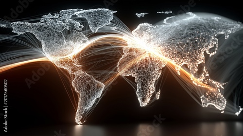 Visual representation shows global connections and data flows across continents, highlighting technology and communication networks between North America and Asia