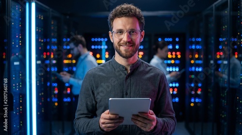 Young male it professional holding tablet in high tech server room with blurred colleagues working on network infrastructure in background