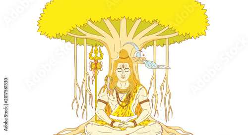 Tableau sur toile Lord Shiva meditating under a banyan tree, Hindu deity, spiritual enlightenment