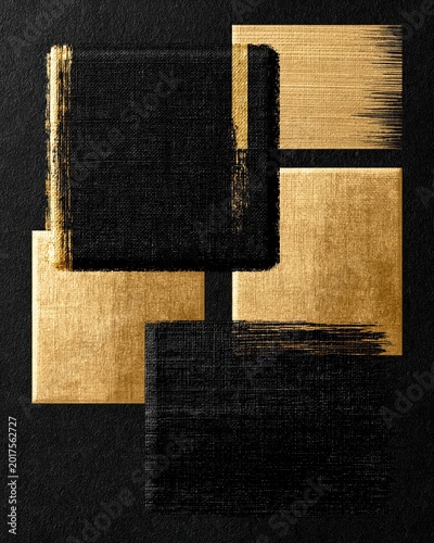 Abstract composition of overlapping textured squares in black and gold with brushstroke accents