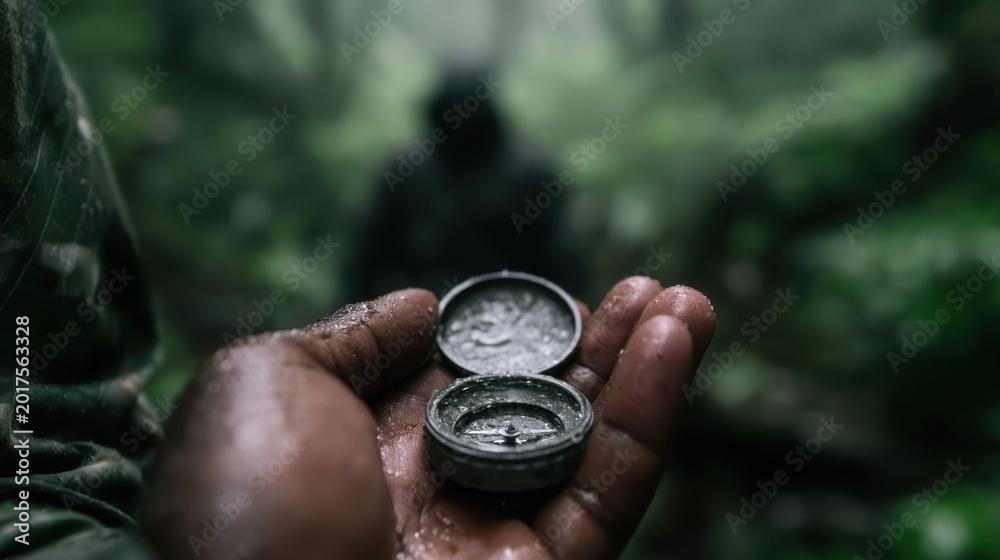 Naklejka premium Close-up of wet hand holding open compass with blurred figure in background during forest survival adventure in rainy weather conditions