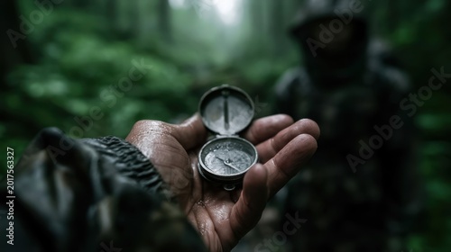 Close-up of hand holding compass with weathered surface in dense forest with blurred figure in camouflage in background exploring wilderness navigation