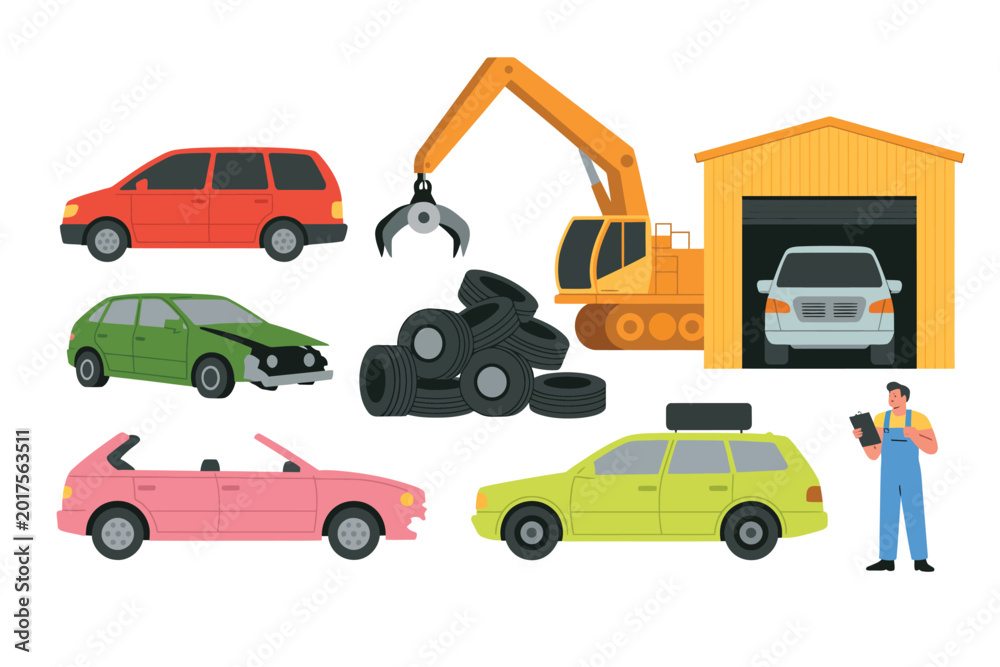 Obraz premium Car dump icons illustration set, generic scrap metal damaged vehicles rusty automobiles and recycling elements for industrial waste design.