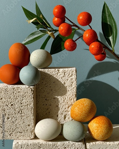 Assorted colored eggs and red berries arranged on textured blocks with foliage