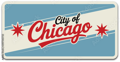 Chicago travel plate illustration set, generic vintage city postcard sign with flag stars and retro souvenir design elements