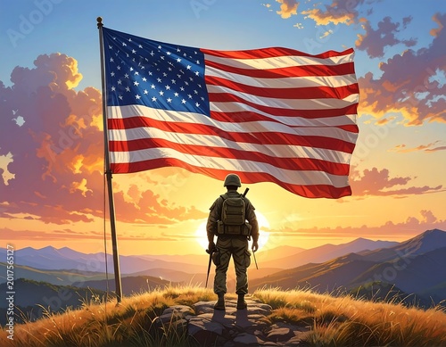 Soldier and flag on mountain at sunset