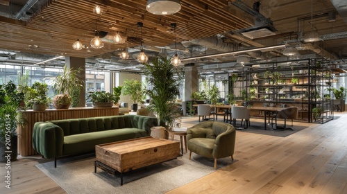Biophilic modern office lounge promoting sustainability and well being
