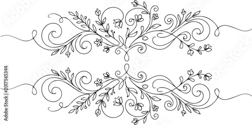Konstfotografi Minimalist Hand Drawn Black and White Floral Dividers with Symmetrical Botanical