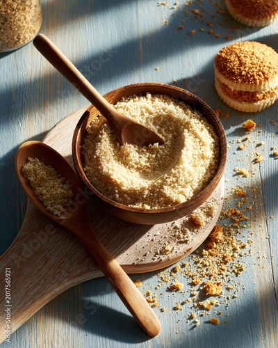 Close up of finely ground almond flour in a wooden bowl with spoons and cookies crumbles