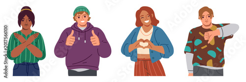 Vászonkép Diverse characters expressing emotions through hand gestures like approval disap