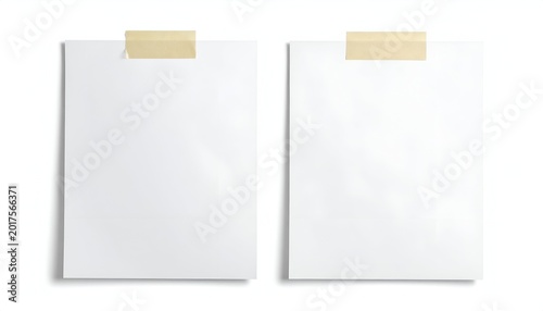 Two blank sheets of paper, each taped at top with tan adhesive