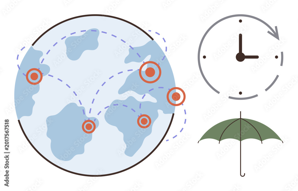 Fototapeta premium Globalization, logistics, time planning, risk management, weather protection, international business. Globe with connections, clock and umbrella. Globalization and time management concepts