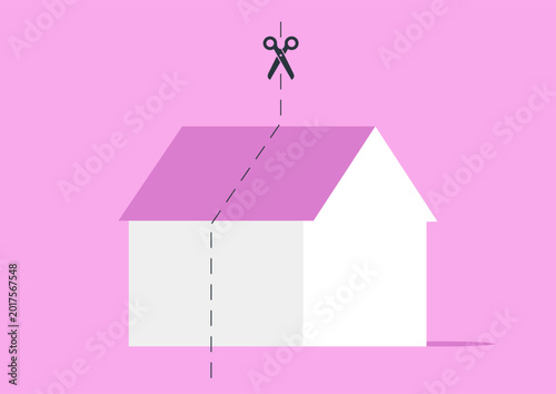 Artistic visualization of a house divided in half, symbolizing property division, The design features a bright pink background, enhancing the theme of separation and ownership.