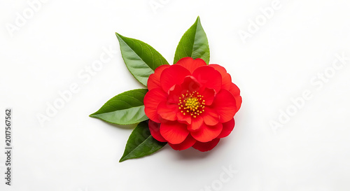 Red camellia flower with green leaves on white background  