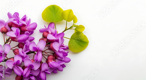Purple Redbud flowers and green leaves on white background  