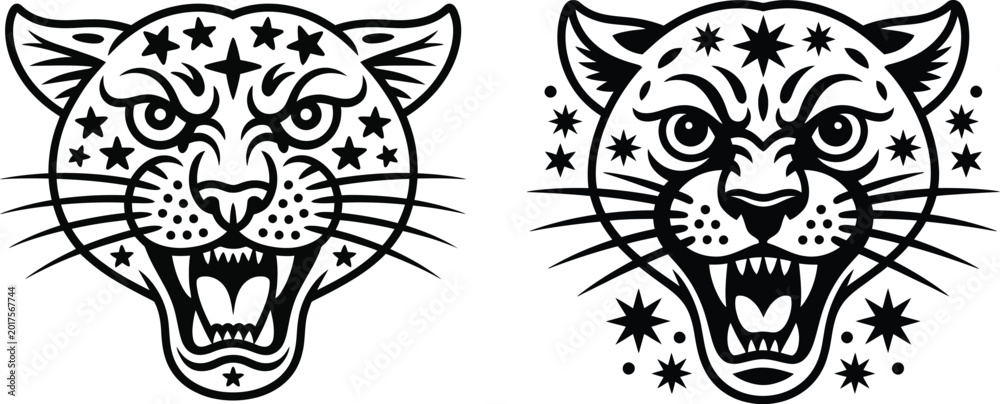 Obraz premium Leopard head graphic illustration with stars and whiskers tattoo style wild cat art black and white predator whiskers wildlife celestial decorative