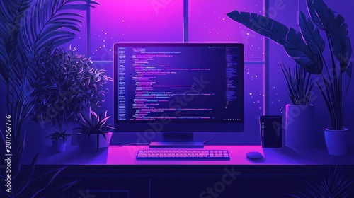 Neon Coding Workspace at Night
