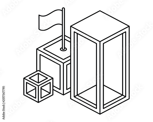 Isometric 3d geometric shapes with flag.