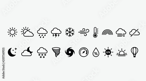 Foto Weather icon set including sun, cloud, rain, thunderstorm, snow, wind, thermometer, rainbow, moon, tornado, hurricane, humidity and uv index symbols