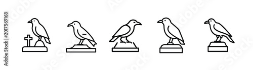 Tableau sur toile Halloween crow raven web line icons set spooky graveyard crow mystical raven sil