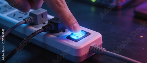 Hand Pressing Power Switch on Extension Cord for Energy Saving