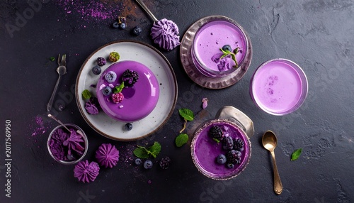 Purple desserts and drinks arrangement, top view composition