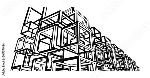 3d abstract architecture of interconnected cubes forming a complex structure.