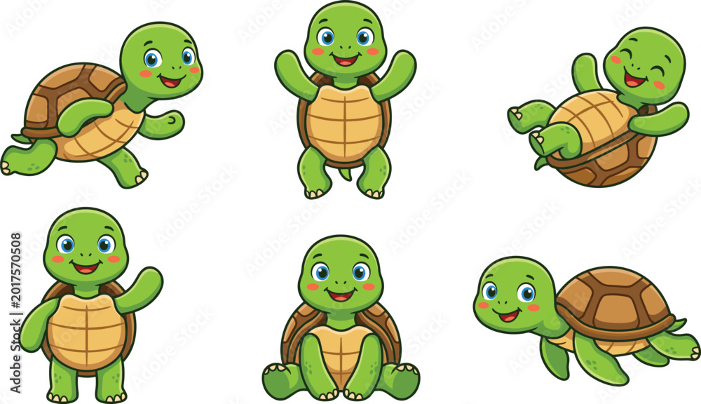 Obraz premium Cute Turtle Cartoon Character Collection with Happy Smiling Poses and Funny Reptile Vector Illustration Set for Kids