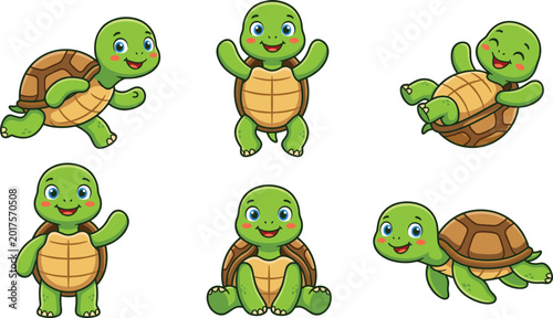 Foto Cute Turtle Cartoon Character Collection with Happy Smiling Poses and Funny Rept
