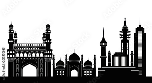 Foto Hyderabad City Skyline Silhouette - Charminar, Taj Falaknuma Palace, Modern Buil