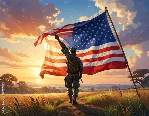 Soldier raises flag in golden field at sunset