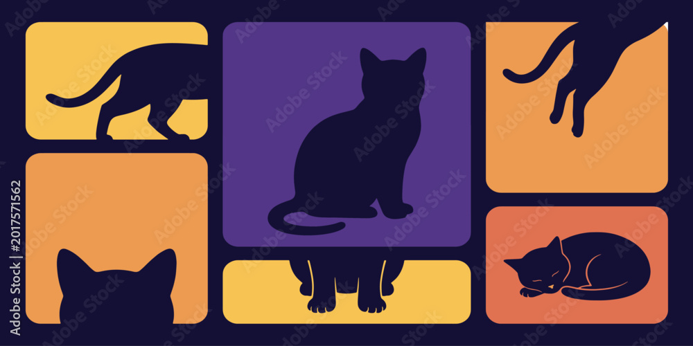 Fototapeta premium Stylized illustration of various cat silhouettes in colorful square blocks.