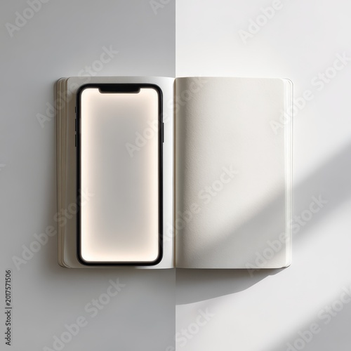 Seamless Transition from Glowing Smartphone Screen to Blank Notebook with Soft Daylight Reflection on White Background