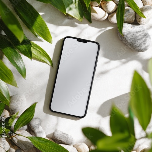 Organic Detox: Smartphone on White Desk with Green Leaves and Pebbles in Soft Sunlight Glow