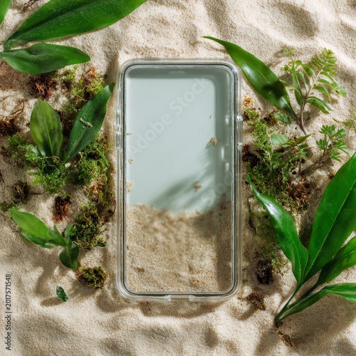 Captivity of Connectivity - Symbolic Smartphone Encased in Glass Box Amidst Nature Elements in Soft Light Isolation