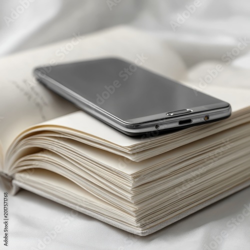 Modern Technology vs Analog Writing: Smartphone & Open Notebook Pages on White Background
