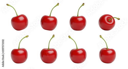 close-up of eight fresh ripe cherries on a white background food and healthy eating visuals