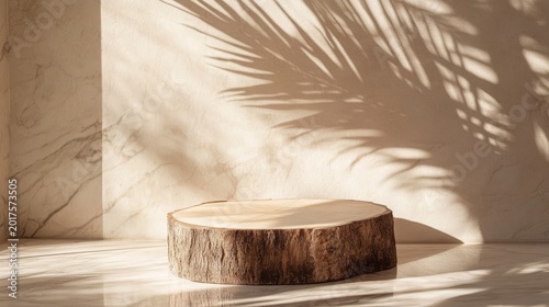 Wooden podium rests on white marble flooring under soft palm shadows to provide a clean space for product shots.