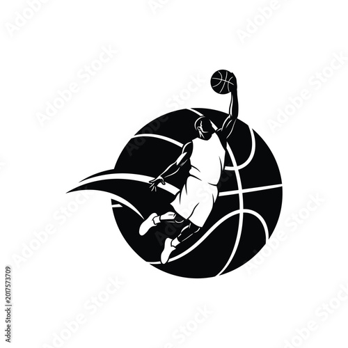Fotografía Basketball player silhouette dunking with basketball and circular background