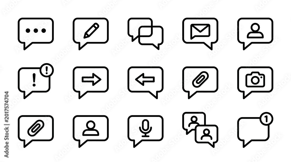 Fototapeta premium Set of communication and messaging icons, including speech bubbles, writing, email, people, microphone, and camera symbols for digital interaction