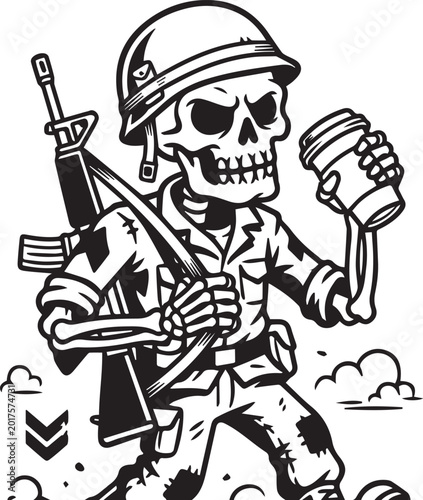 Skeleton soldier with rifle drinking coffee during battle vector silhouette