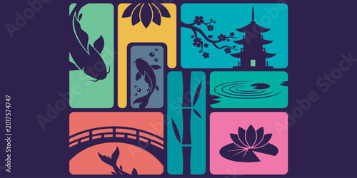Japanese cultural elements and nature symbols in a colorful mosaic pattern, featuring koi fish, pagoda, lotus, and cherry blossoms.