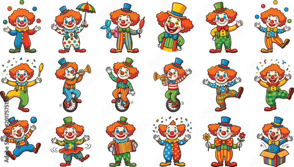 Fototapeta premium Funny Circus Clown Cartoon Character Collection with Colorful Costumes Juggling Dancing and Musical Performance Vector Illustration Set