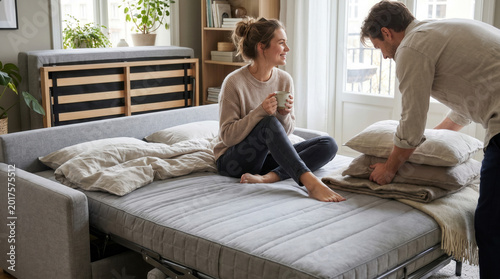 Young couple preparing sofa bed together in cozy living room  