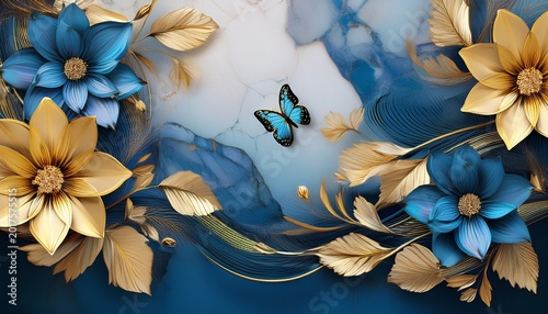 3d wallpaper blue flowers with yellow leaves and butterflies on blue marble background generative ai