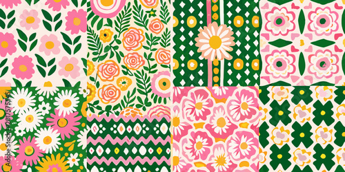 Floral patchwork pattern vector illustration in retro aesthetic