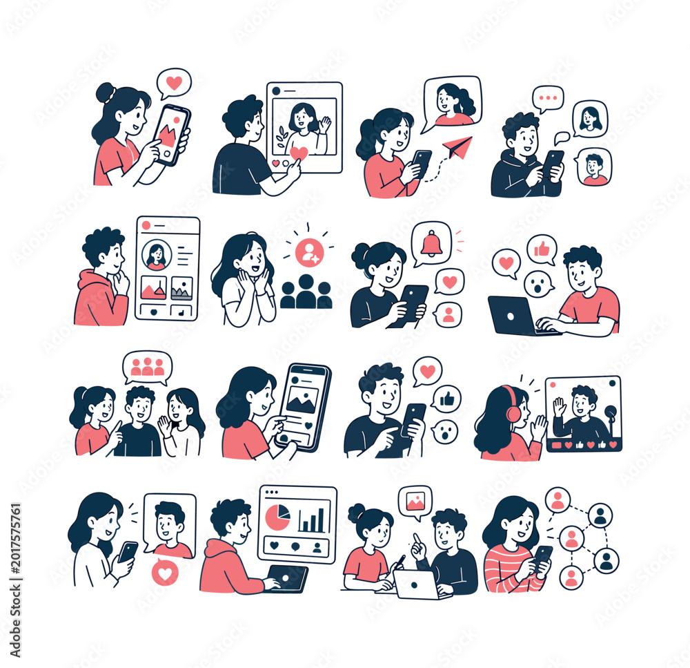 Fototapeta premium Social Media icon set. Containing social network, connection, networking, friends, comment, profile, like, share, and more. Outline Icon Collection. Editable stroke. Vector illustration flat vector