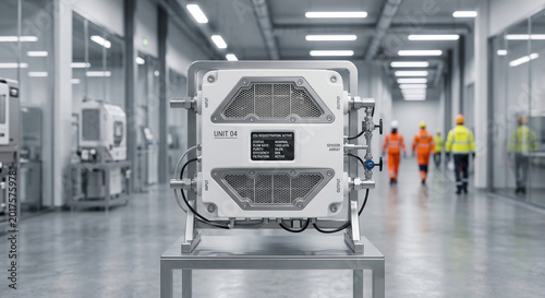 Industrial carbon sequestration unit for co2 filtration system in modern clean energy manufacturing facility hall.