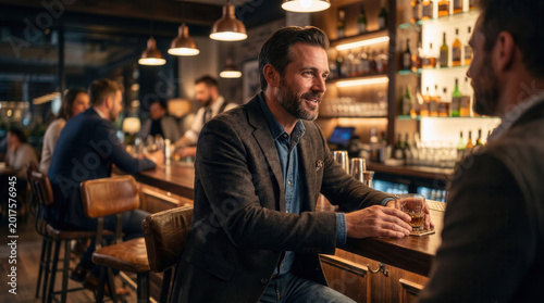 Man smiling while sitting at bar and enjoying whiskey drink  